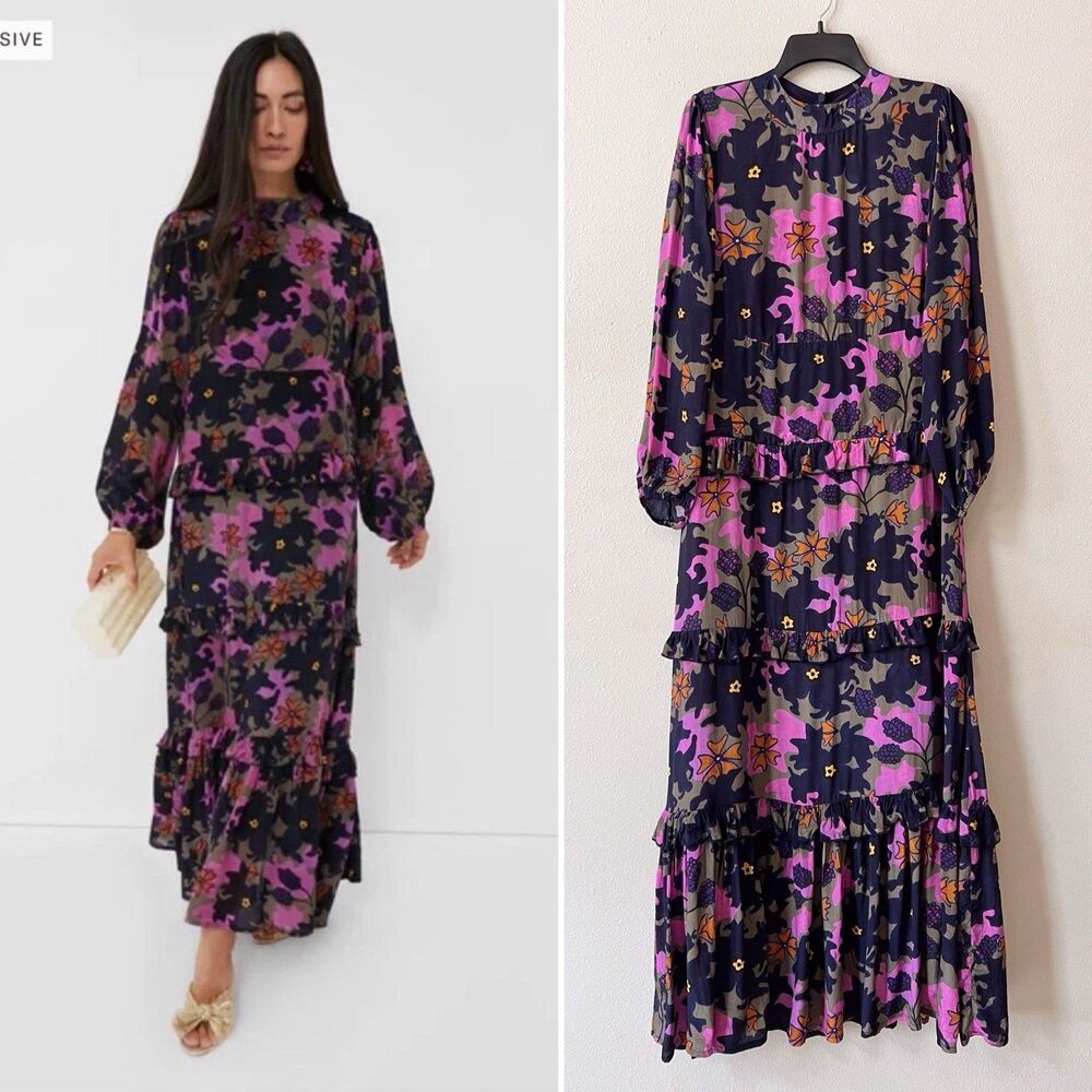 Oliphant Long Sleeve Floral Tiered Maxi Dress in Navy, Purple, Pink